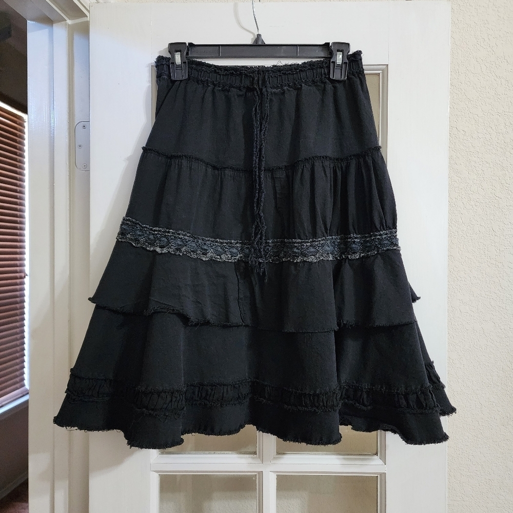 Passport Womens Black Tiered Ruffle Skirt Lace Boho Cottagecore Y2K Medium